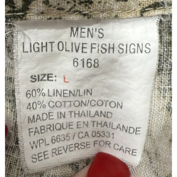 Woolrich Mens Light Olive Fish Signs AllOver Print Linen/Cotton ButtonUp Shirt L - Picture 6 of 8